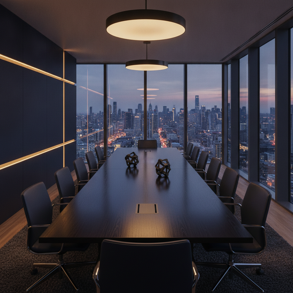 Salle de conseil du cabinet Atlas Bridge au crépuscule